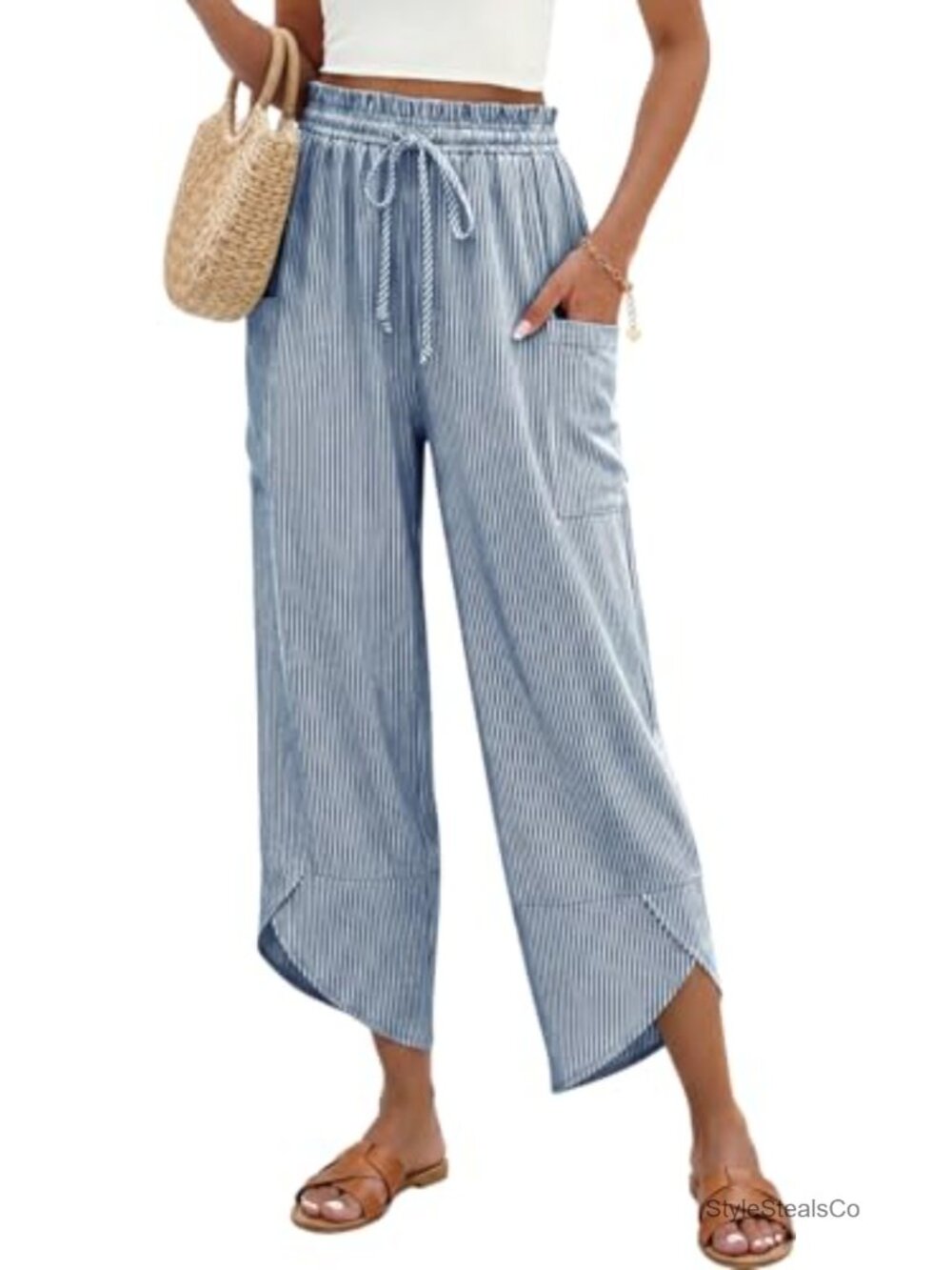 Women Linen Wide Leg Cropped Drawstring Palazzo Pants